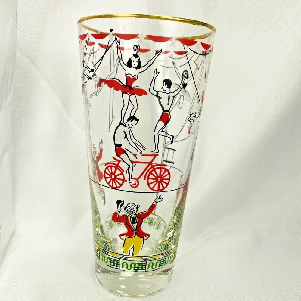 Vintage Libbey Glass Co. Fun Circus Highball Glasses 16 Ounce Tumbler Gold Rim - Picture 2 of 16